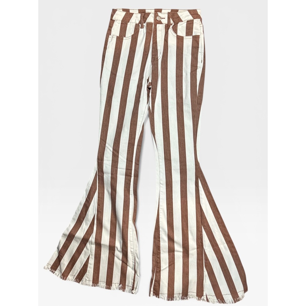 Hippie Brown White Striped Boho‎ Bell Bottom Flare Jeans Retro 70s Style Costume